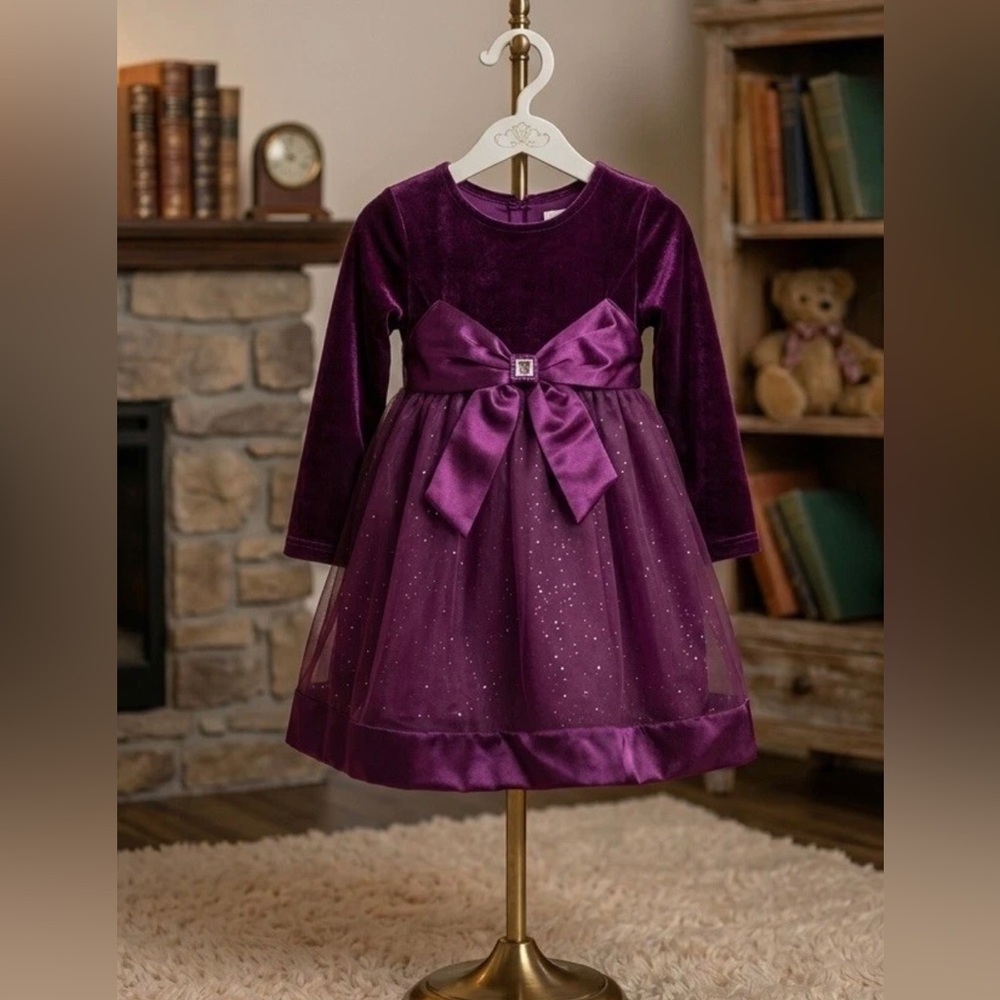 Youngland Purple Velvet Bow Tulle Party Dress Toddler 2T